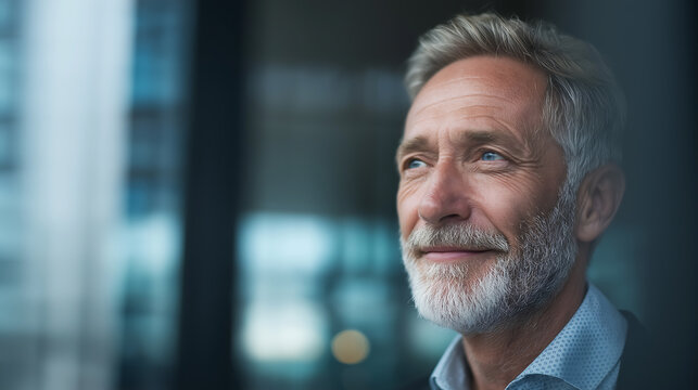 Portrait of mature businessman looking out window with thoughtful gaze
