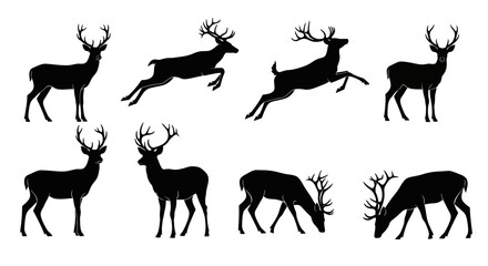 Dynamic vector silhouettes of deer in various poses standing, running, jumping, and grazing. Ideal for wildlife, nature, and outdoor-themed graphics