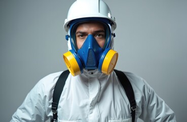 Young man in white protective suit, hard hat, full-face respirator mask with yellow filters. Worker wears personal safety equipment for hazardous industrial environment. Pro ready for dangerous work