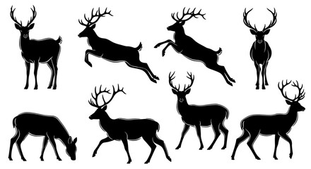 A collection of black male deer silhouettes showcasing various dynamic poses like running, jumping, and grazing, isolated on a white background