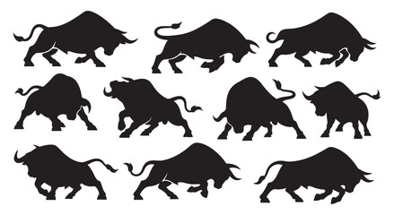 Black Silhouette Bull Set - Powerful Animal Symbol for Design and Branding