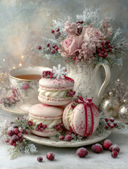 Romantic Christmas tea setting with pink macarons, roses, frosted berries, and vintage teacup in a soft pastel winter atmosphere
