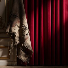 A cozy interior scene featuring a textured beige throw blanket draped over a piece of furniture next to rich red velvet curtains, creating a warm and inviting atmosphere