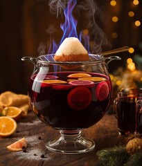 Traditional Feuerzangenbowle Punch with Blue Flames and Mulled Wine Setup 