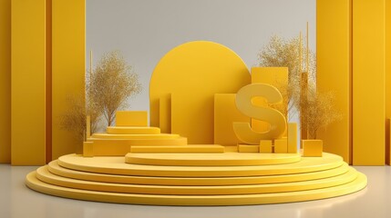 A sleek yellow 3D stage with geometric forms and subtle wealth motifs, ideal for awards or premium displays.