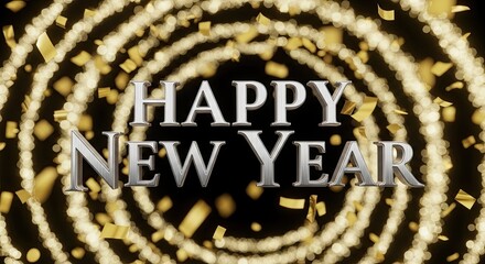 Happy New Year Celebration with Golden Confetti and Lights