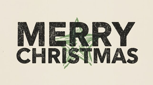 Distressed Black Merry Christmas Typography with Green Star and Tree on Cream Background