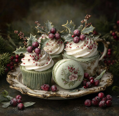 Luxurious Christmas cupcakes and macaron with whipped cream, sugared berries, and holly sprigs on an ornate vintage plate with festive greenery
