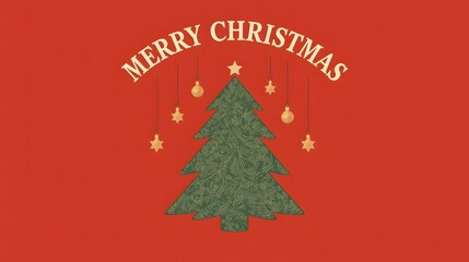 Vintage Style Merry Christmas Greeting Card with Festive Tree and Ornaments on Red Background