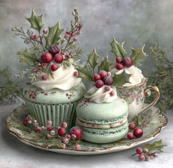 Elegant Christmas cupcakes with white frosting and holly decorations, paired with a festive macaron on a vintage plate in a wintry setting
