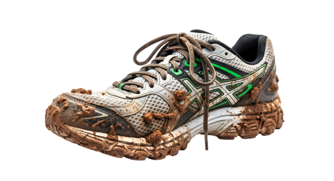 Dirty Running Shoe Covered in Mud After Outdoor Trail Adventure Exercise and Sports Activity