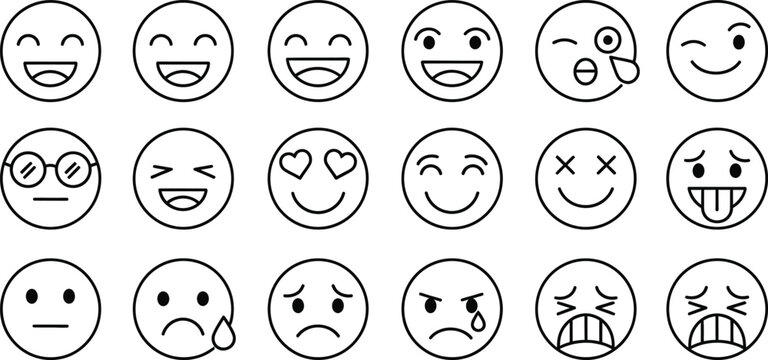 Collection of hand drawn cartoon smiley face emojis expressing a variety of emotions and feelings in a simple line art style