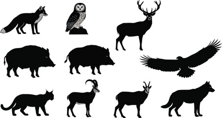 Collection of silhouettes of wild forest animals including fox deer boar owl eagle and wolf