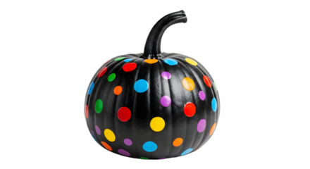 Festive Black Pumpkin Decorated with Vibrant Colorful Polka Dots Ideal for Halloween Autumn Decorations and Seasonal Displays