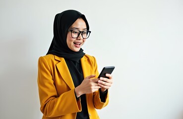 Young asian woman in glasses, hijab wearing yellow blazer looks at mobile phone with shocked face, indoors. Expression of surprise panic looking at smartphone screen. Technology use, reaction.