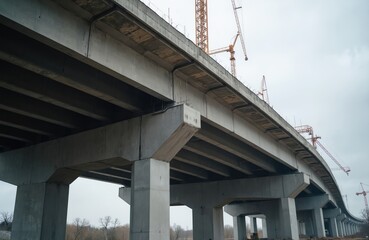 Concrete highway under construction with cranes in background. Massive pillars support elevated roadway. Infrastructure project progresses, shaping future transport routes.