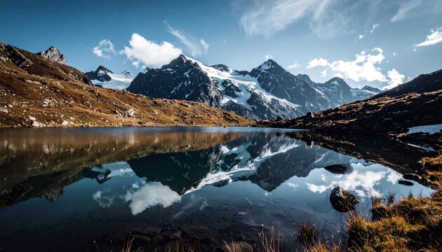 A tranquil alpine lake mirrors majestic snow-covered mountains under a clear blue sky dotted with fluffy white clouds.