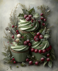 Elegant Christmas cupcakes with green frosting, holly leaves, and red berries, surrounded by festive foliage and winter decorations
