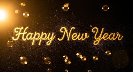 Sparkling Golden Happy New Year Celebration with Bubbles and Light Flares