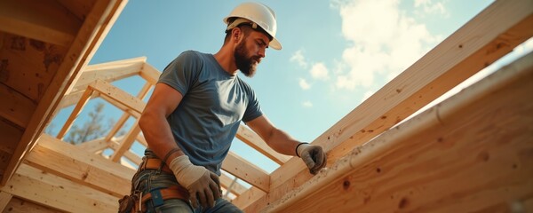 Builder in hard hat constructs wooden house frame. Male carpenter works on timber roof structure at construction site. Pro roofer builds new home outdoors under sunny sky, checking lumber beams,