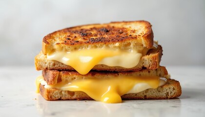 Stacked Croque Monsieur sandwich oozes melted cheese on white marble surface. Rich bechamel sauce glistens atop toasted bread layers. Appetizing culinary creation represents classic French cookery,