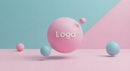 Minimalist abstract scene featuring pastel-colored spheres with a central large pink sphere displaying the word '' on a split pastel background