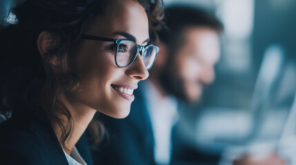 Naklejka premium Smiling woman wearing glasses working in office with male colleague
