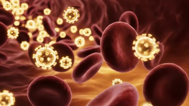 A drop of blood after infection, between red cells, viral particles glowing like tiny suns within plasma, spreading methodically