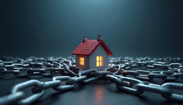 Illustration of house surrounded by chains. It represents debt burden or mortgage issues. Symbolism relates to financial constraints home ownership and real estate investment.