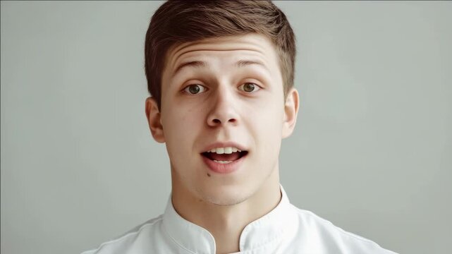 Young man wearing chef's jacket and smiling. A modern restaurant kitchen setting.
