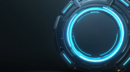 Digital rendering of circular futuristic interface with glowing blue neon lights on dark background creating high tech atmosphere