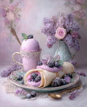 Romantic vintage breakfast with berry-filled crepes, lavender ice cream in ornate teacup, and lilac floral arrangement in soft pastel setting
