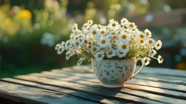 Floral arrangement of marigolds in a floral patterned vase on a wooden outdoor table.