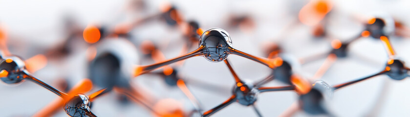 Molecular structure with connected atoms in scientific digital rendering showing detailed bonds and reflective surfaces in orange and black tones