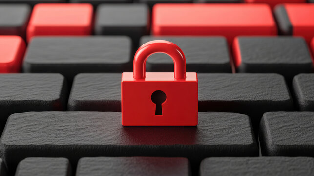 Red lock on black keyboard key symbolizing digital security and data protection with focus on cybersecurity and privacy awareness