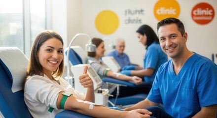 A cheerful woman gives a thumbs up while donating blood in a modern clinic. Healthcare professionals assist donors in a bright, welcoming environment.
