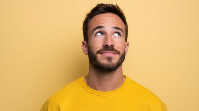 A young man with a beard wearing a yellow shirt looks up thoughtfully against a bright yellow backdrop, conveying curiosity and contemplation.