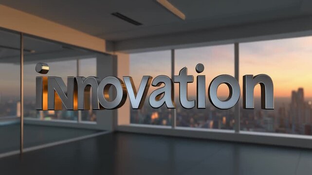 Dynamic innovation concept with metallic text overlay against a stunning cityscape sunset backdrop, perfect for showcasing modern technology and visionary business ideas