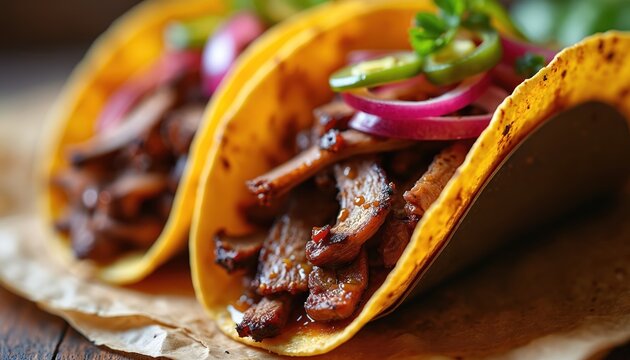 Brisket tacos with pickled jalapenos, onions served on corn tortillas. Tender beef with smoky flavor, spicy chili peppers, raw onion rings, cilantro herb. Juicy meat filling, classic Mexican street - Powered by Adobe