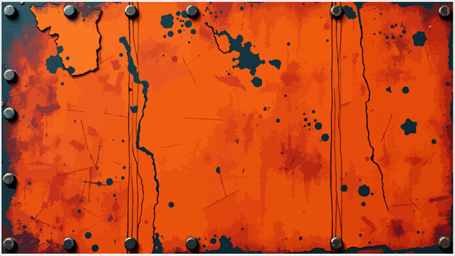 Grungy Orange Metal Plate with Rivets and Rust Stains
