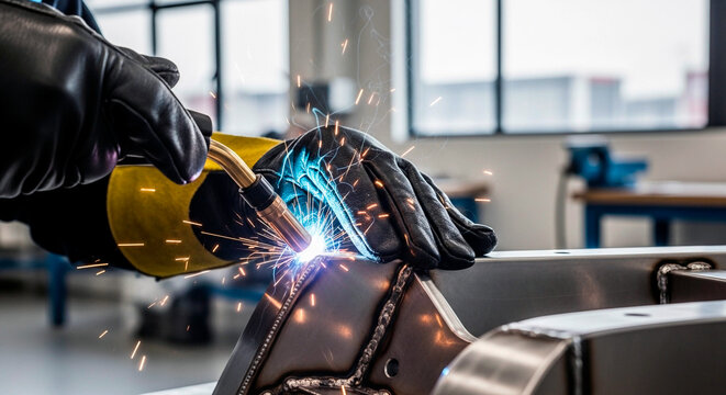 Close‑up welding activity — factory worker in protective gloves, metal fabrication process, sparks flying