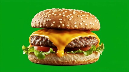 Three Juicy Cheeseburgers On Green Background.