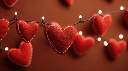 Red hearts with garland on a background with space for text, festive Valentine&rsquo;s Day scene.