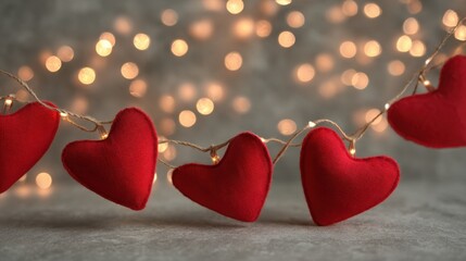 Red hearts with garland on a background with space for text, festive Valentine&rsquo;s Day scene.