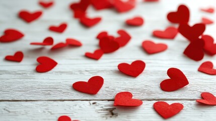 Red paper hearts arranged on a white wooden table, romantic and minimal top-view scene.