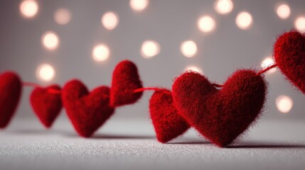 Red hearts with garland on a background with space for text, festive Valentine&rsquo;s Day scene.