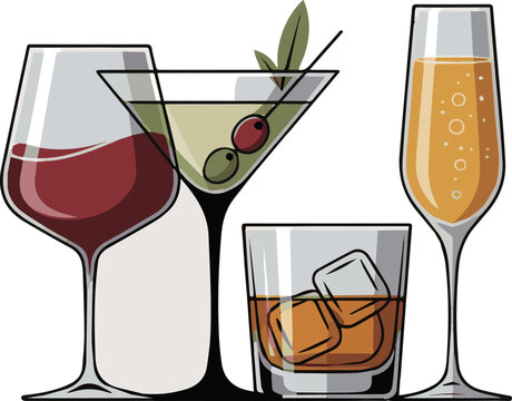 Create a kinds of deferent alcohol modern glass vector art with white background.