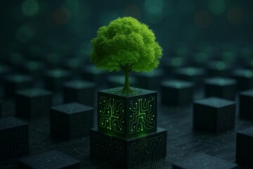 Eco-friendly digital tree growing on futuristic circuit cube symbolizing green energy and environmental technology concept on dark background. Ai generative