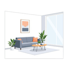 Fototapeta premium Modern minimalist living room interior with grey sofa, coffee table, and green plants by a large window.