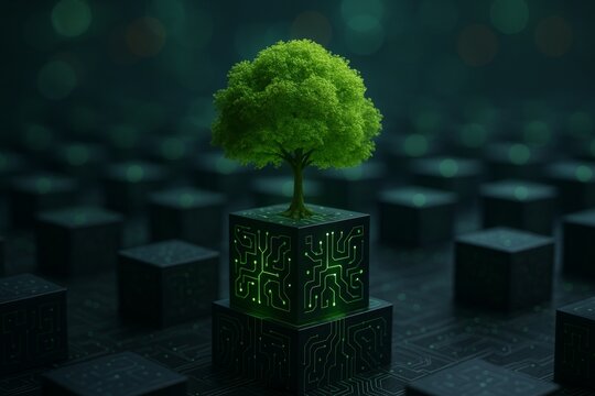 Eco-friendly digital tree growing on futuristic circuit cube symbolizing green energy and environmental technology concept on dark background. Ai generative - Powered by Adobe